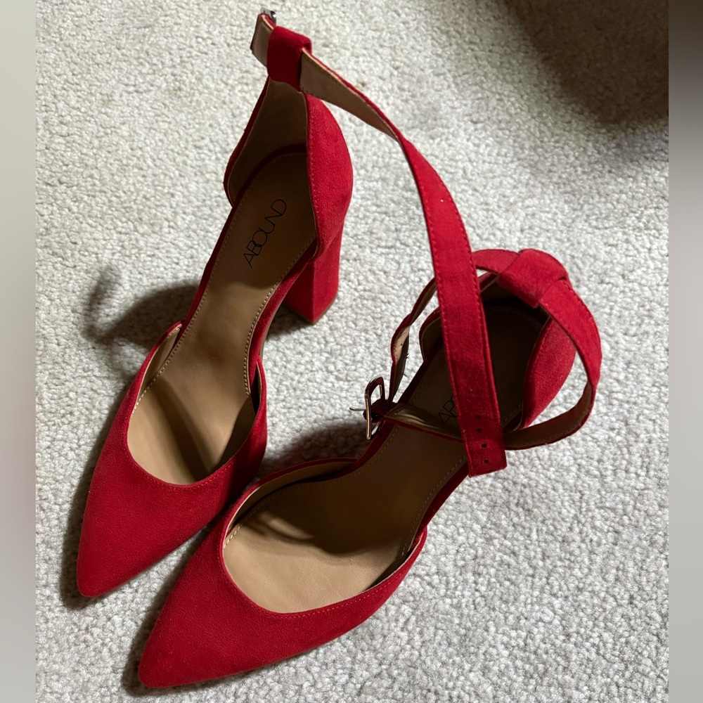 Abound Red Suede Pointed Toe Block Heel Ankle Strap Pumps